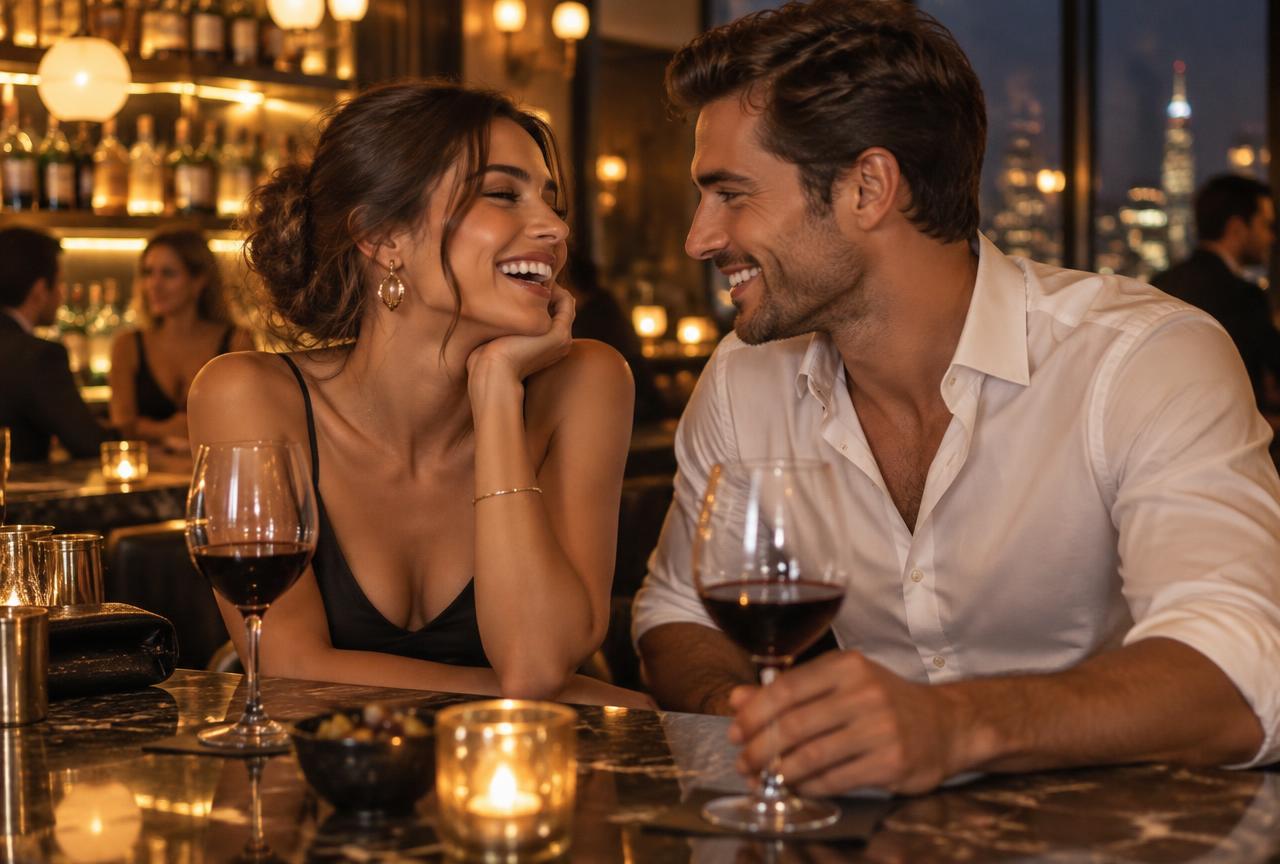 Casal rindo durante uma conversa leve em um encontro em um bar elegante